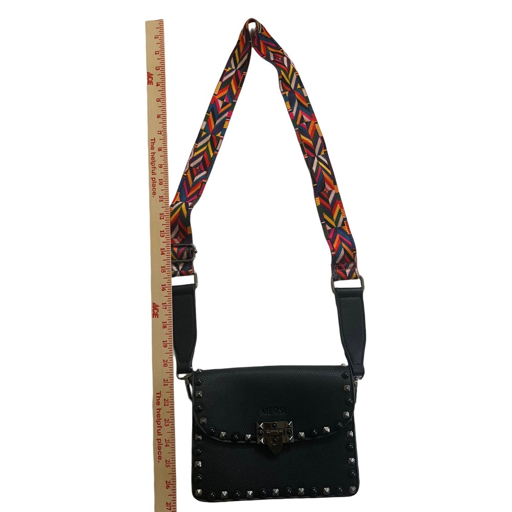 Mersi Crossbody Bag Women Small Black Excellent Studded Woven Guitar Strap Boho